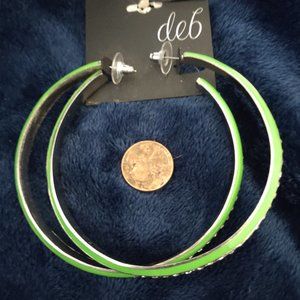 Deb neon green and rhinestone large hoop earrings